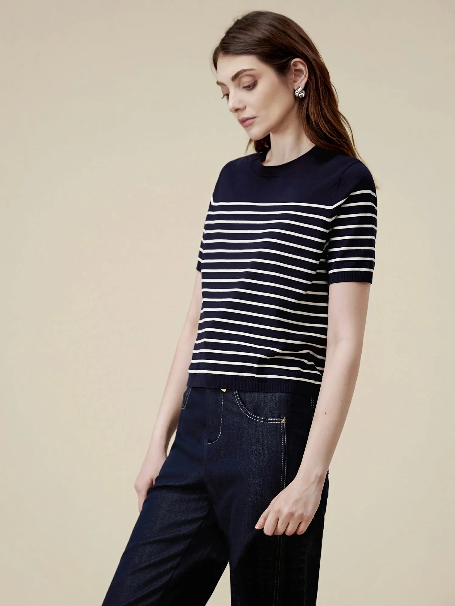 Amoretu Lyocell Striped Patchwork Sweater Top