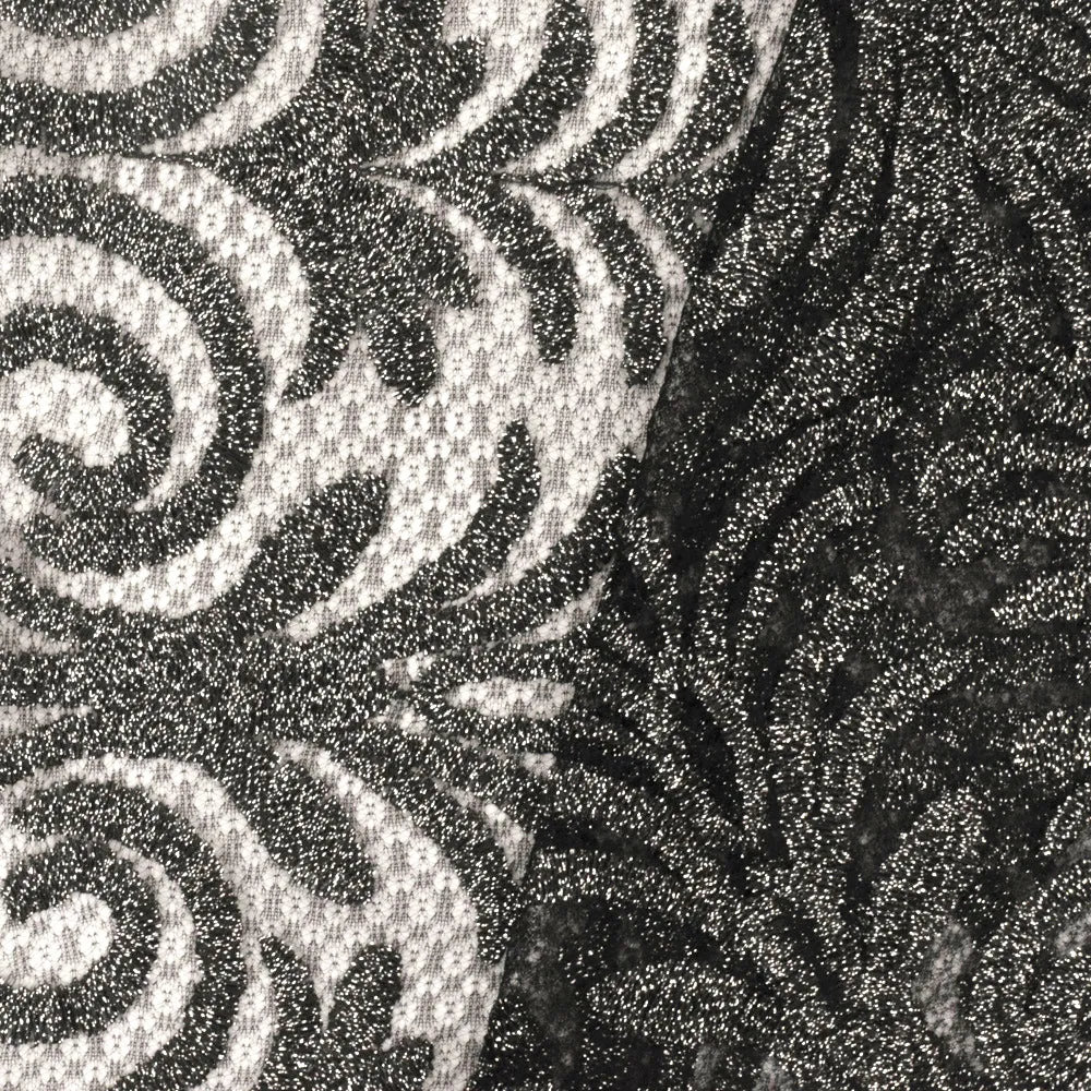 Classic Black-Metallic Silver Baroque Embroidered Stretch Lace Knit Fabric