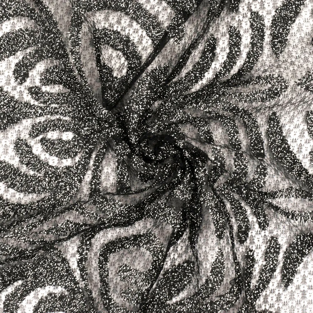 Classic Black-Metallic Silver Baroque Embroidered Stretch Lace Knit Fabric