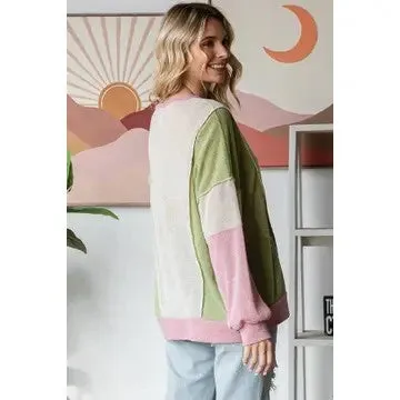 Layers Of Love Honeycomb Knit Color Block Beige Top