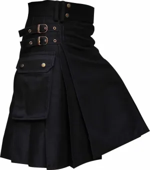 Scottish Men's Black Utility Kilt Black Cotton Drill Fabric Wedding Kilt