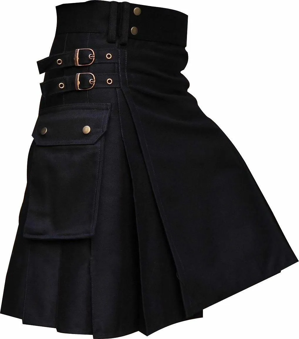 Scottish Men's Black Utility Kilt Black Cotton Drill Fabric Wedding Kilt