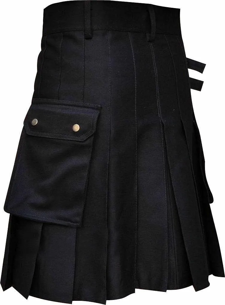 Scottish Men's Black Utility Kilt Black Cotton Drill Fabric Wedding Kilt