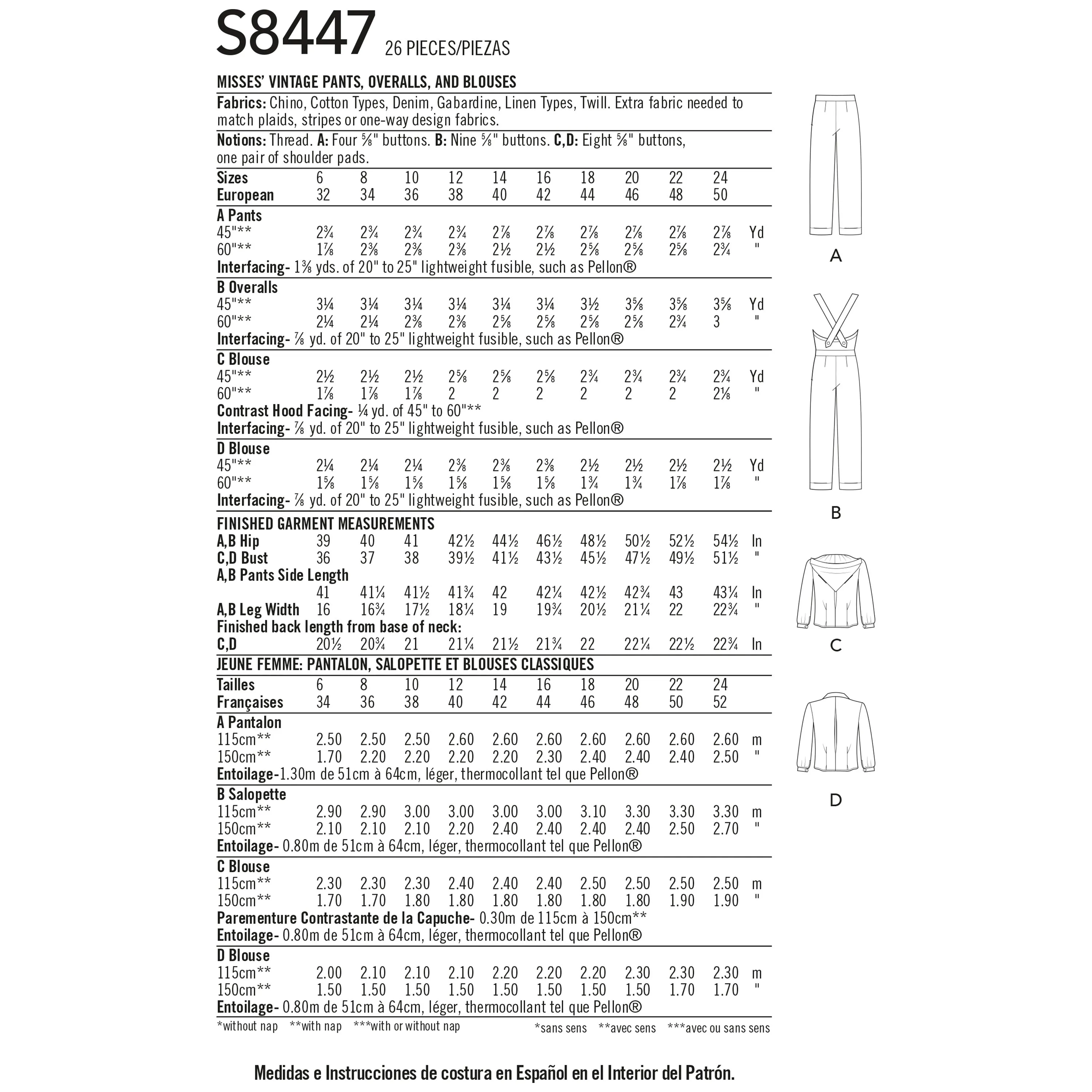 Simplicity Pattern 8447 Misses' Vintage Pants, Overalls and Blouses