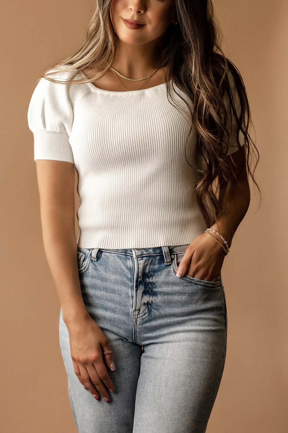 Timeless Ribbed Knit Short Sleeve Top (White)