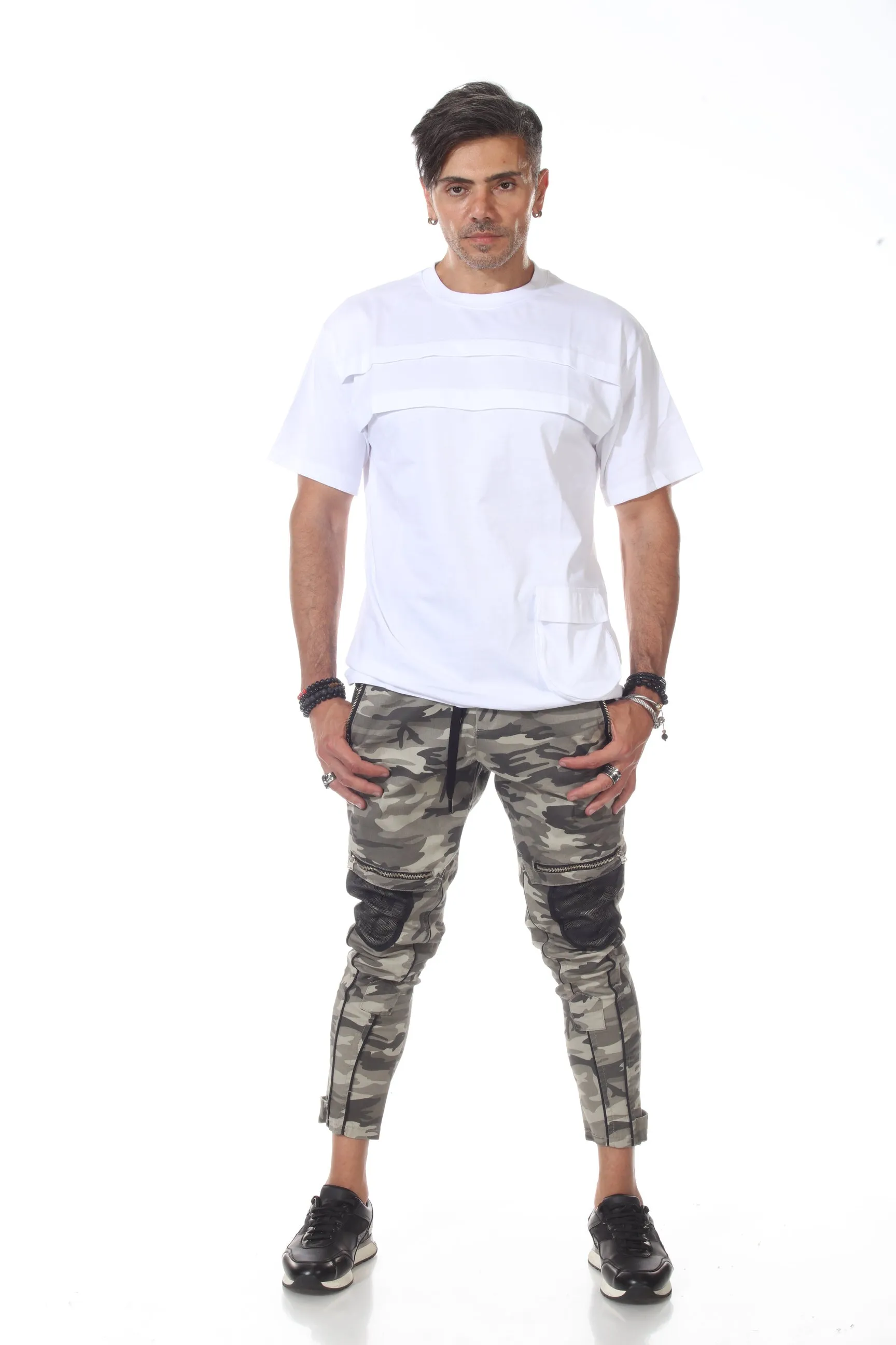 White Oversize Tshirt With Piping Layers Going Across Chest With Pocket on Side