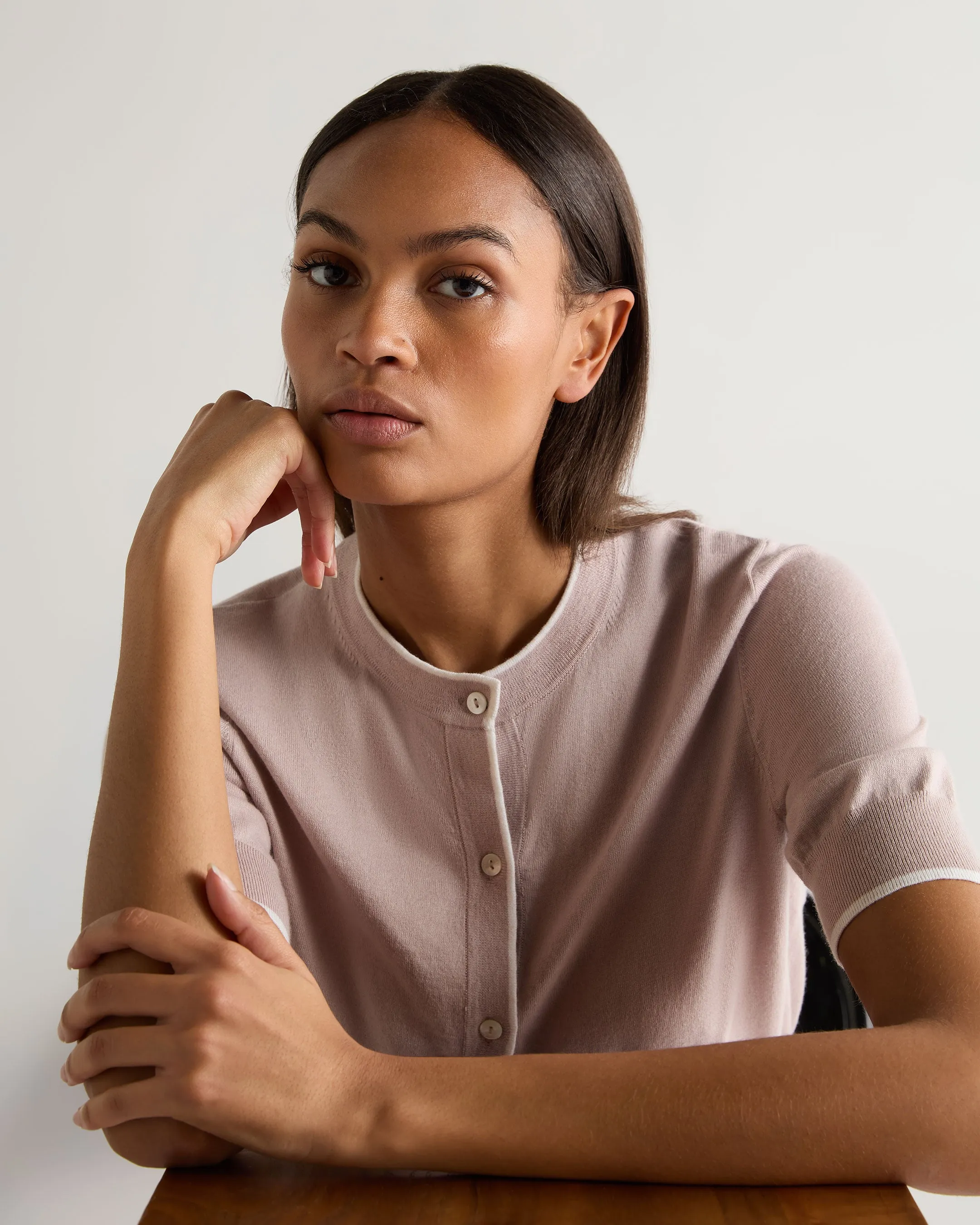 Women's Cotton Cashmere Short Sleeve Cardigan Dune Pink