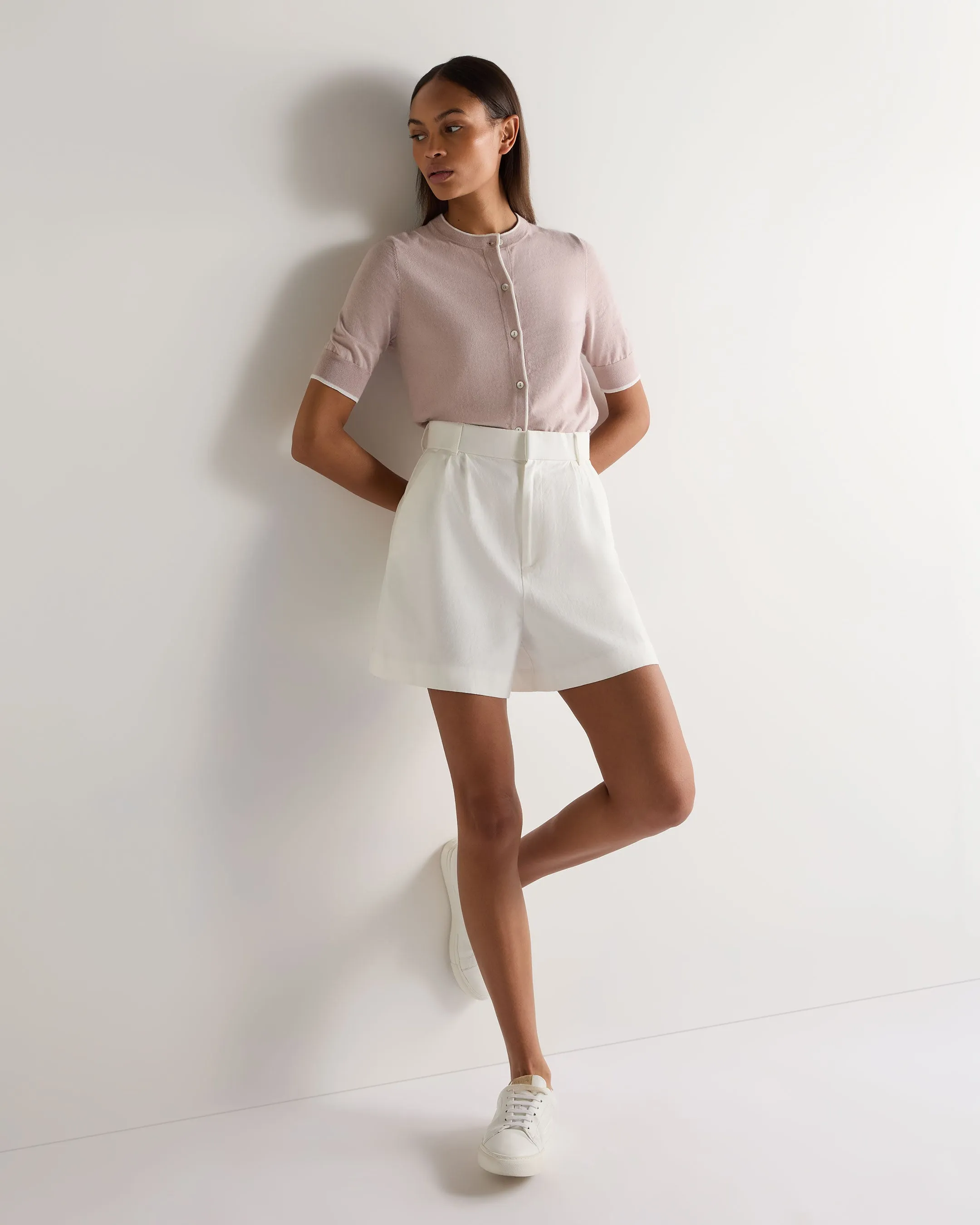 Women's Cotton Cashmere Short Sleeve Cardigan Dune Pink